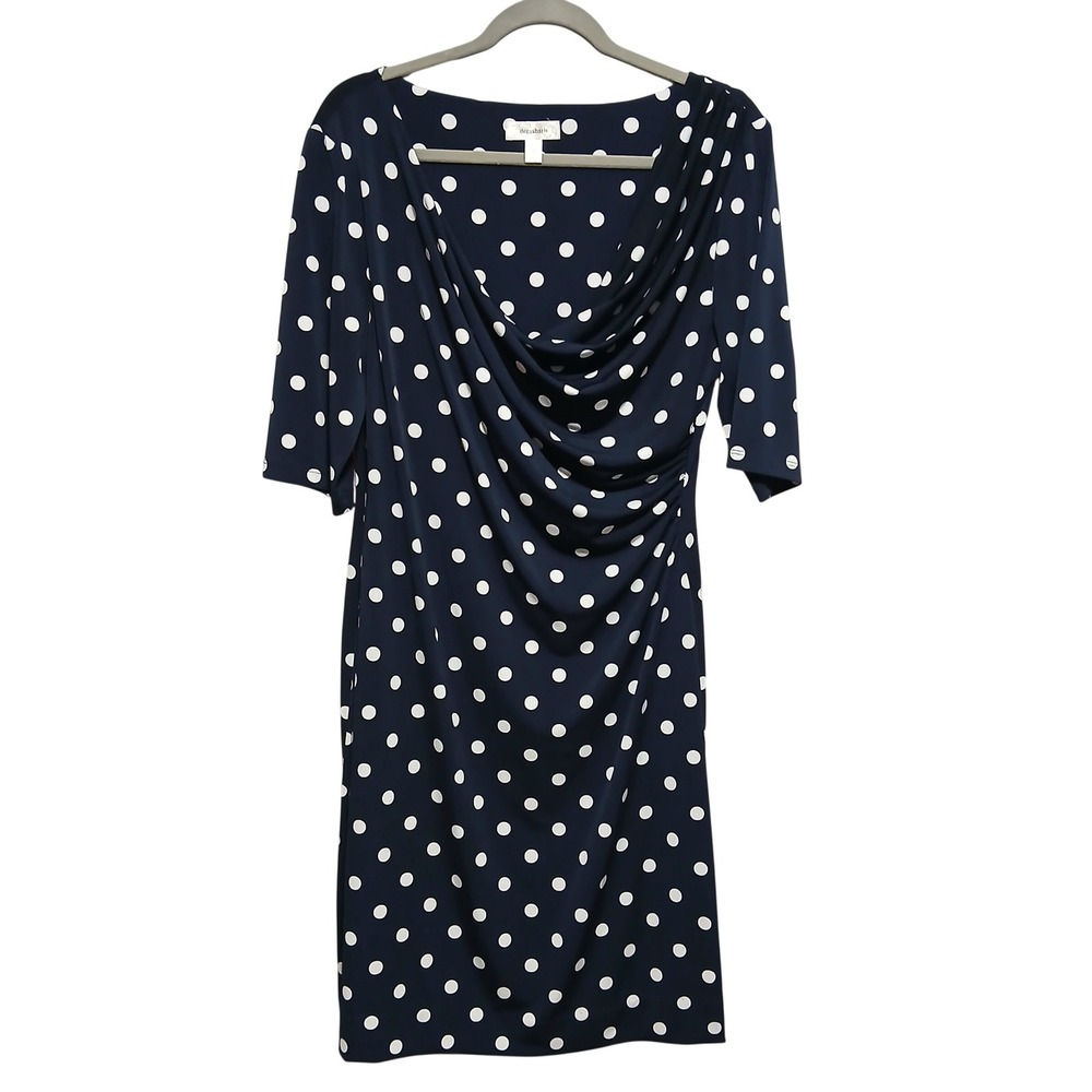 Dressbarn Navy Blue White Polka Dot Cowl Neck Ruched Sheath Dress Size 14